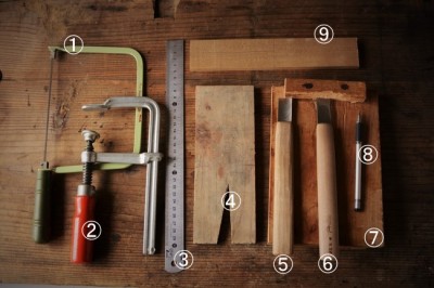 木製アイス・スプーン作りで用いる道具と材料